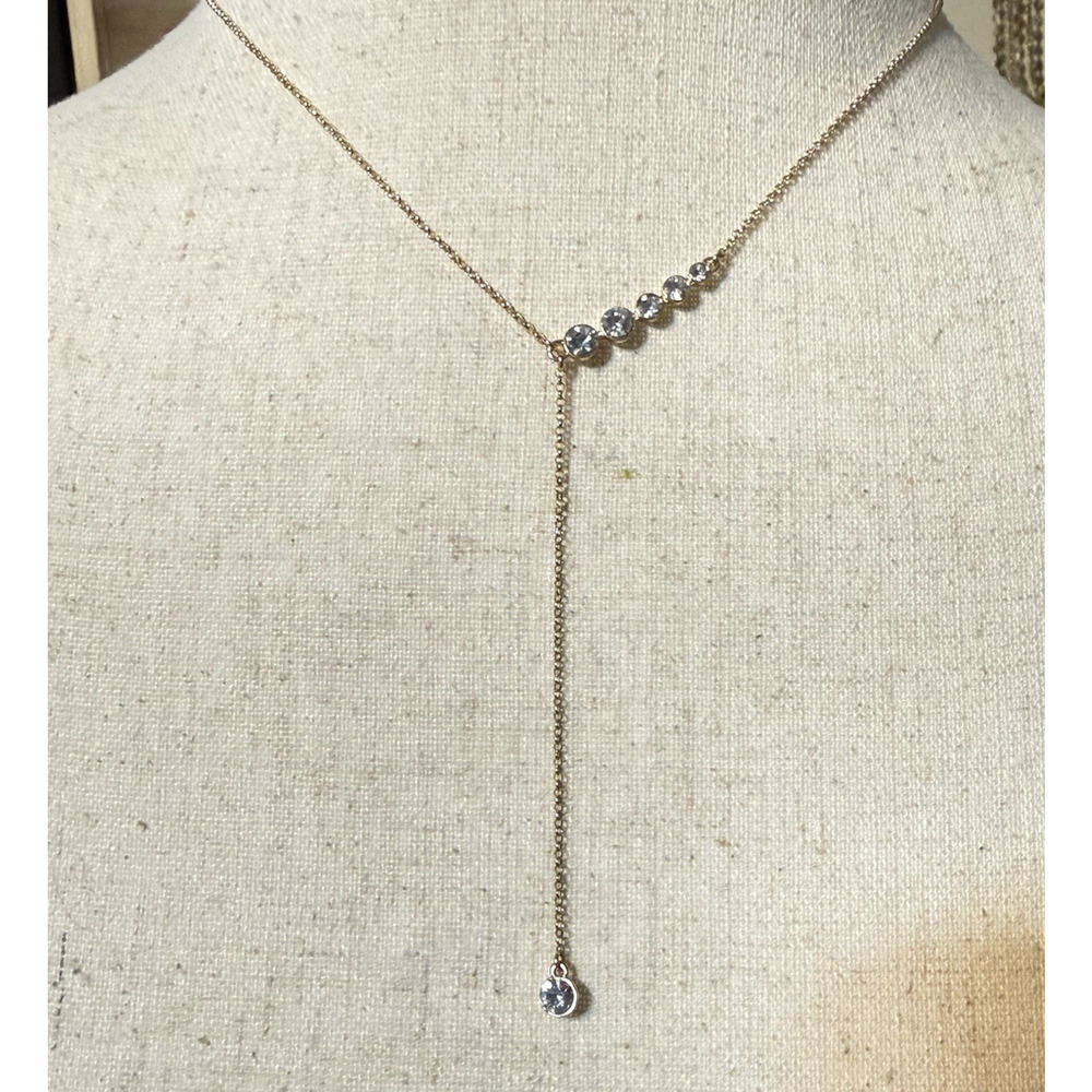 Ann Taylor LOFT Gold Tone Lariat Necklace Crystal Rhinestones 16–18 Inch - Picture 2 of 10